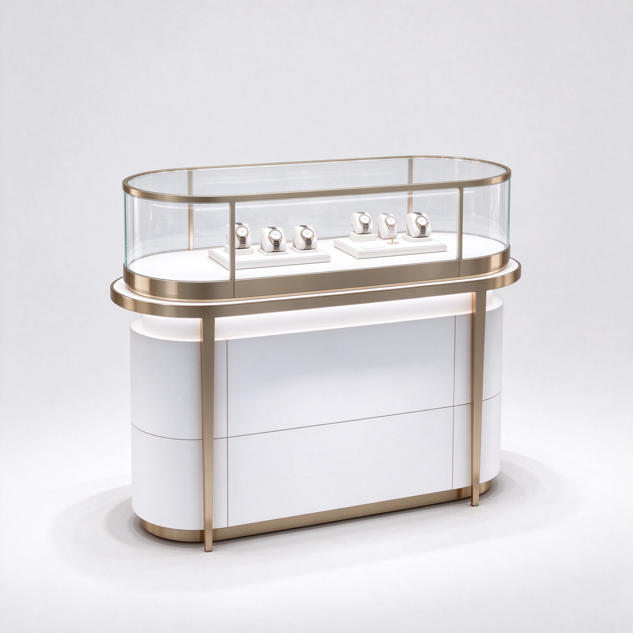 White curved glass watch island counter with champagne gold frame, right 45 degree view