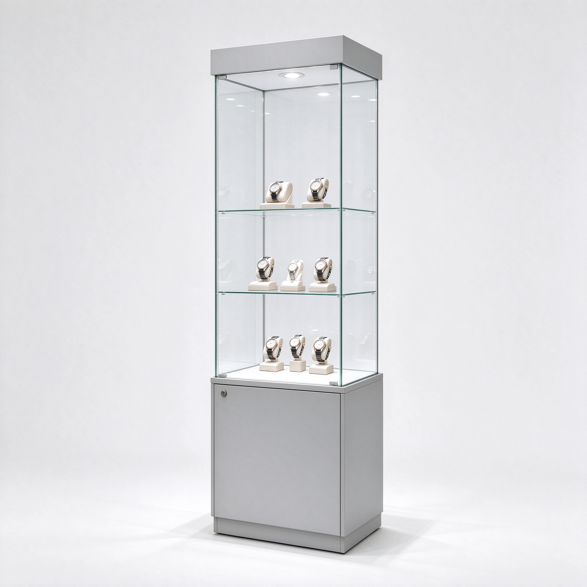 Light gray glass watch display tower cabinet with lockable base, right 45 degree view