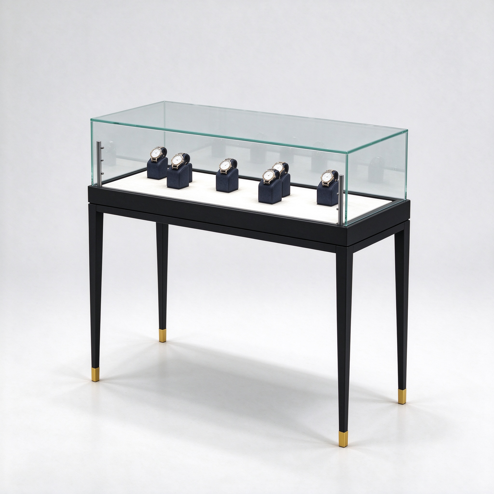 Black slim-leg glass watch display table with gold ferrules, right 45 degree view