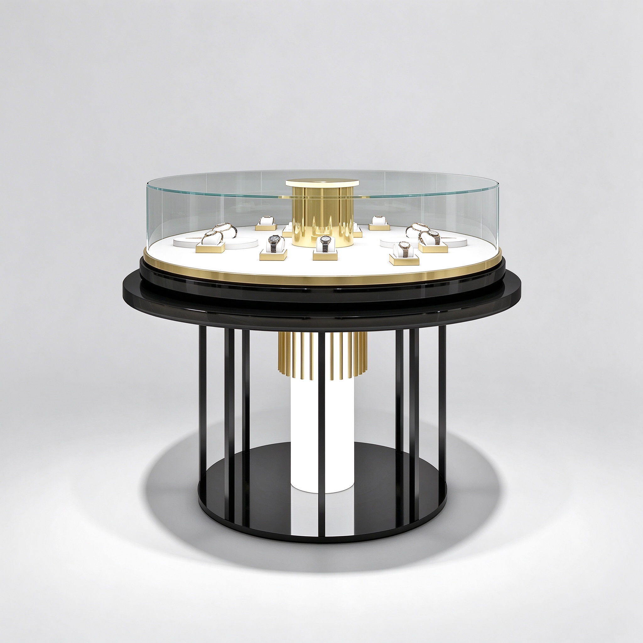 Round black and gold glass watch island table with central lit column, left 45 degree view