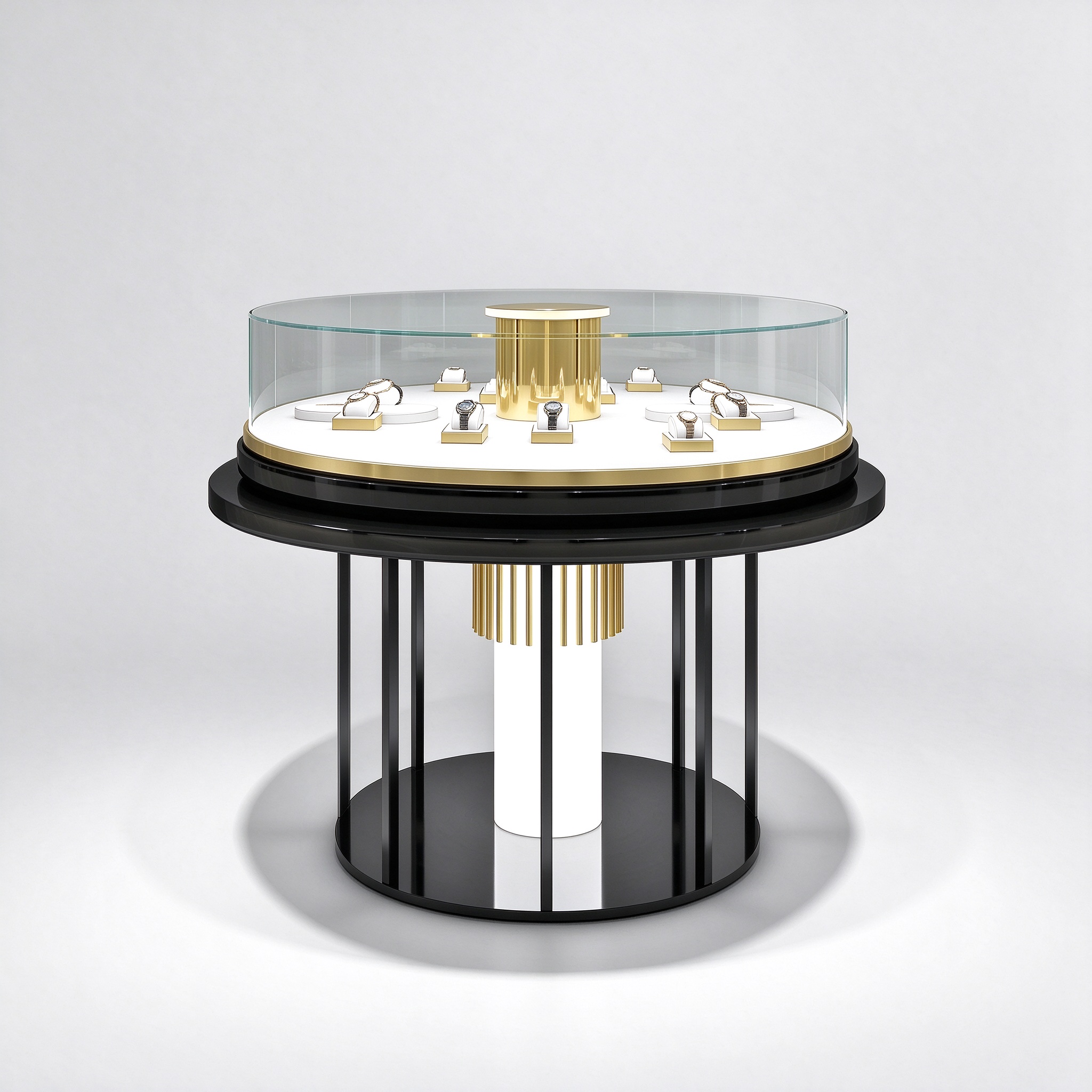 Round black and gold glass watch island table with central lit column, right 45 degree view