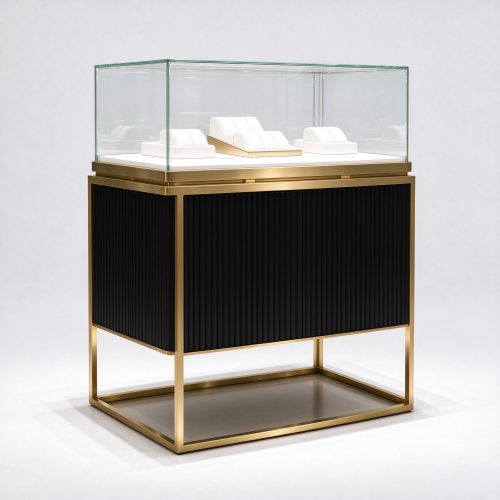 Black fluted watch display counter with gold open frame, opposite side 45 degree view