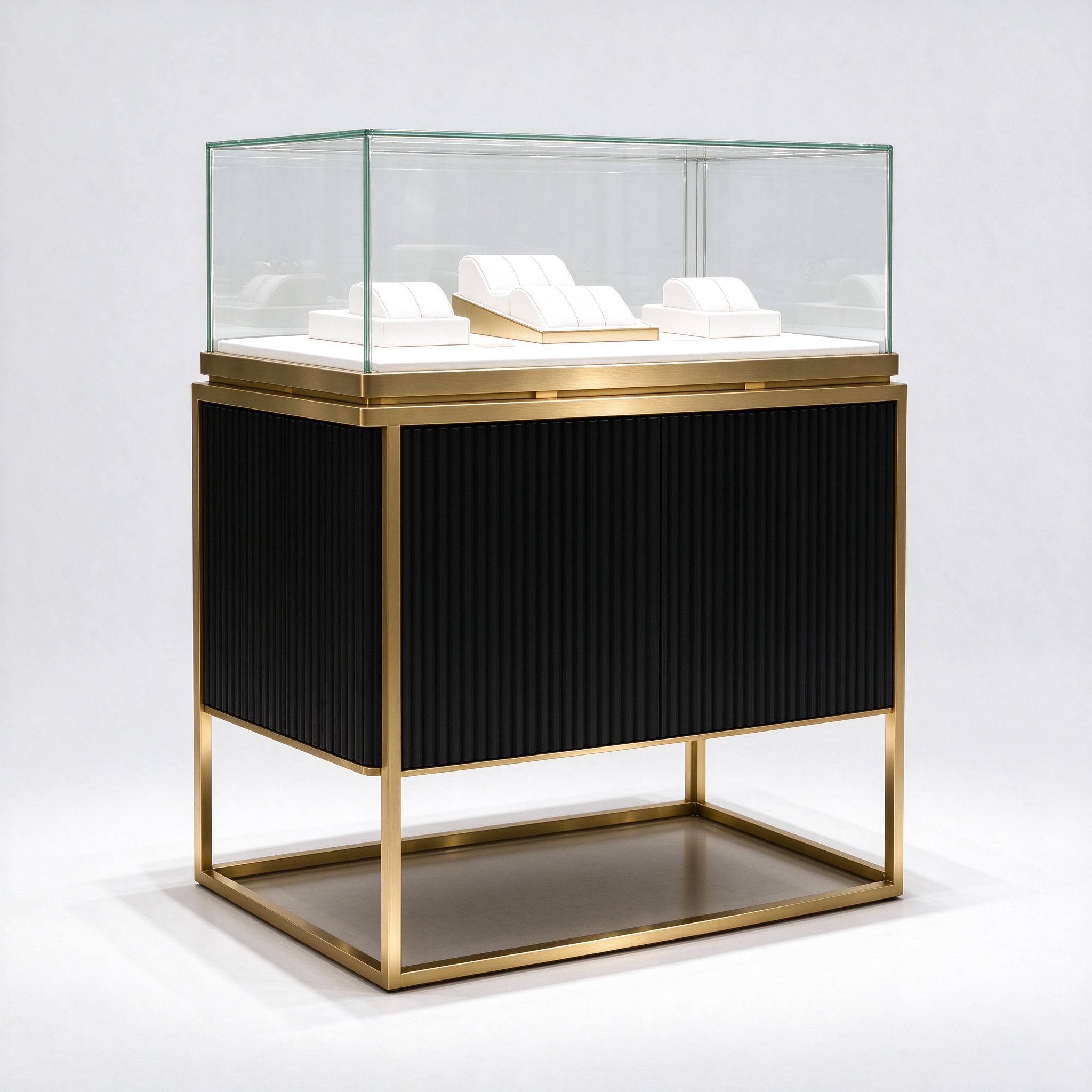 Black fluted watch display counter with gold open frame, opposite side 45 degree view