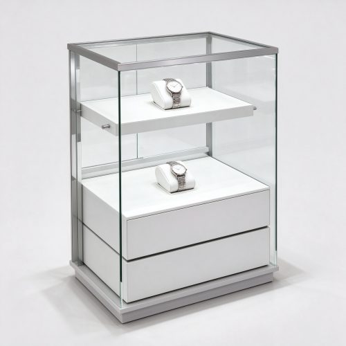 White silver aluminum glass watch display tower, side 45 degree view