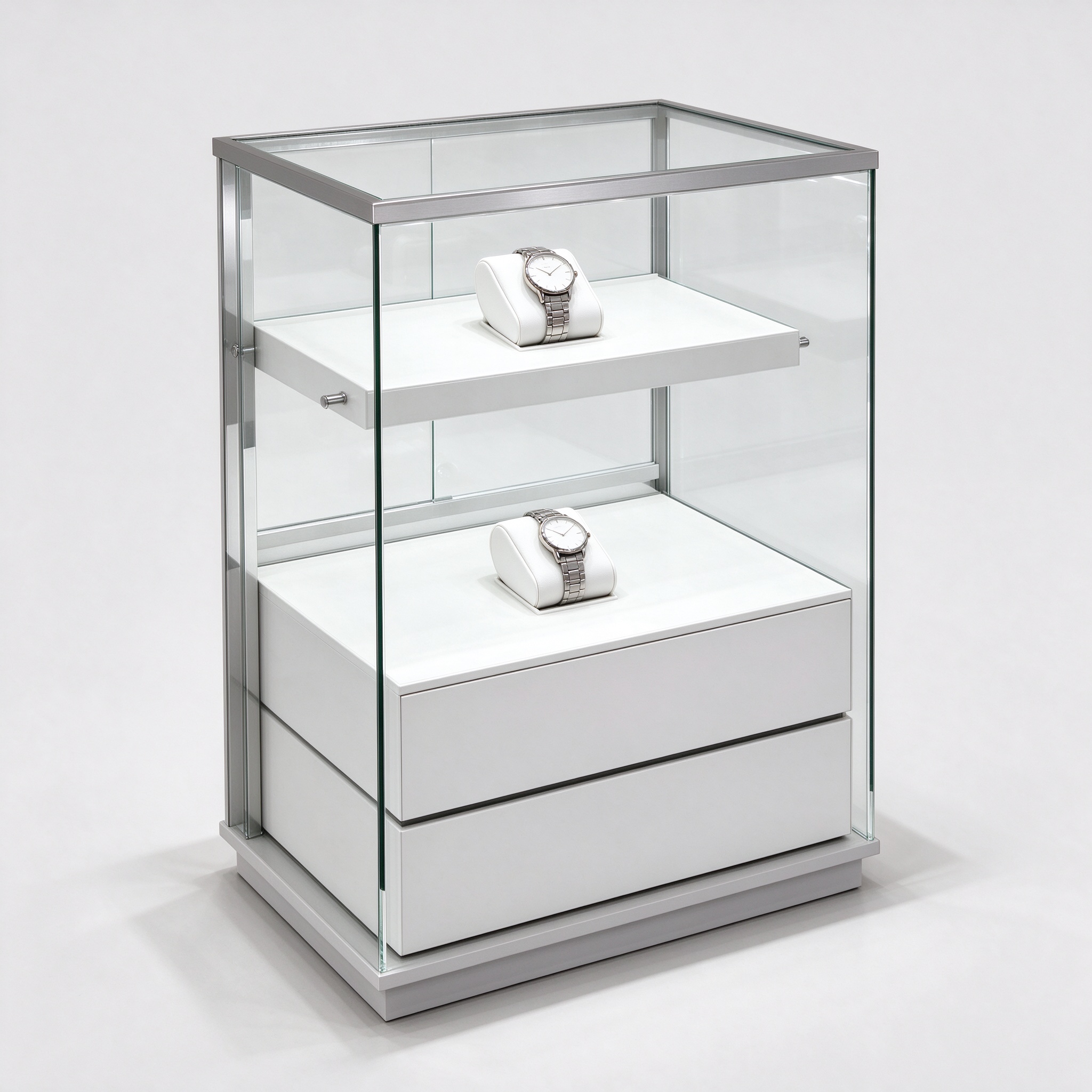 White silver aluminum glass watch display tower, side 45 degree view