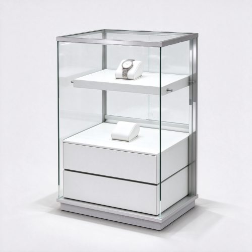 White silver aluminum glass watch display tower, right 45 degree view