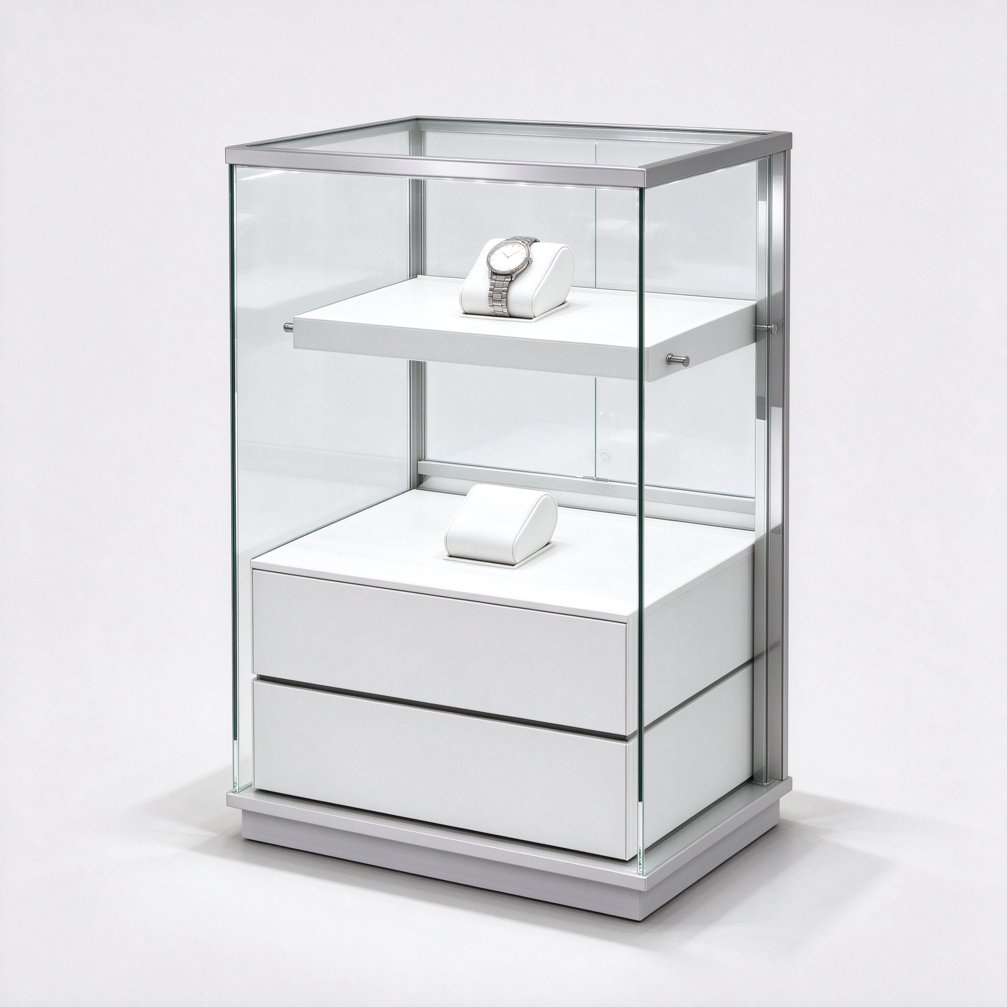 White silver aluminum glass watch display tower, right 45 degree view