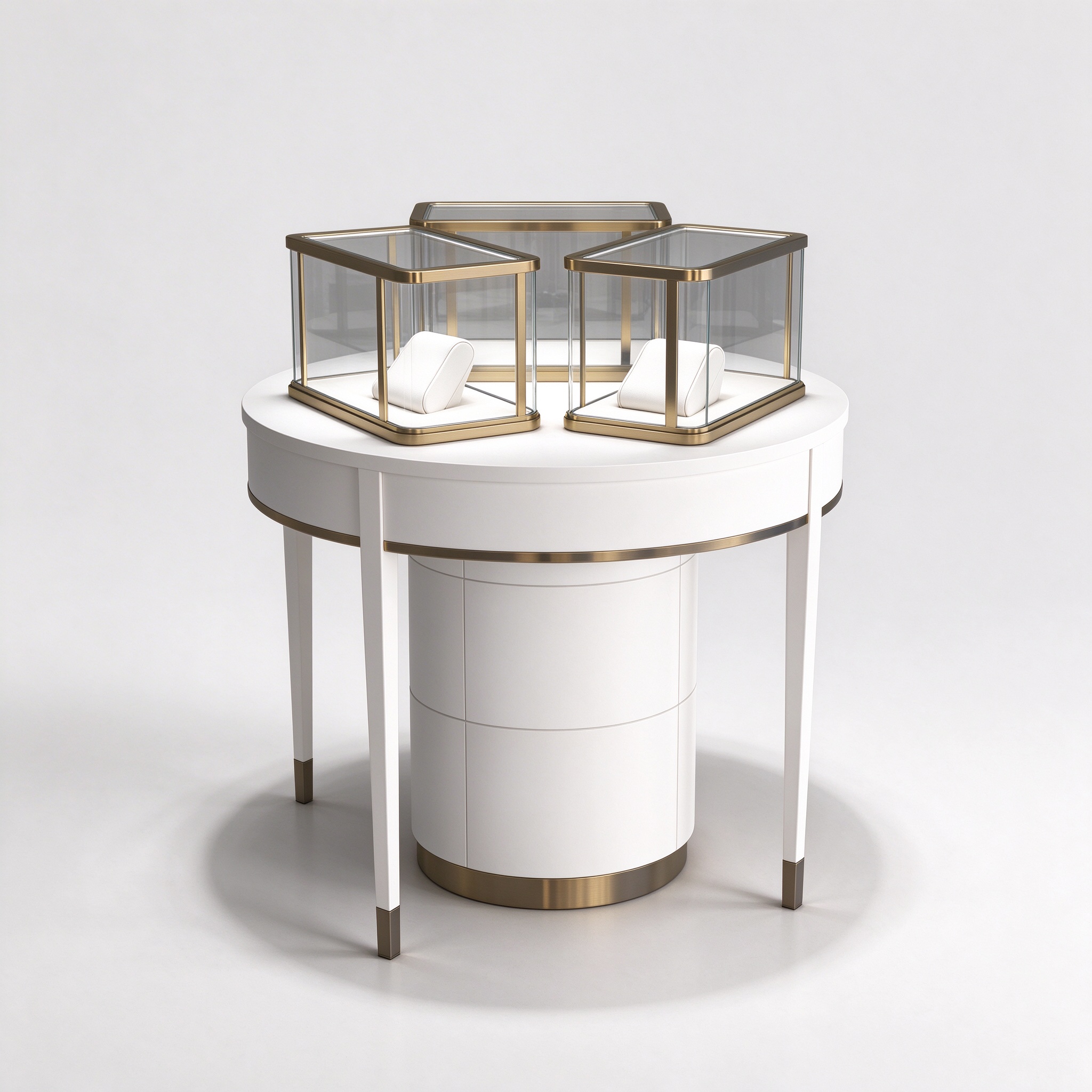 Round white watch display table with gold trim glass cases, side 45 degree view