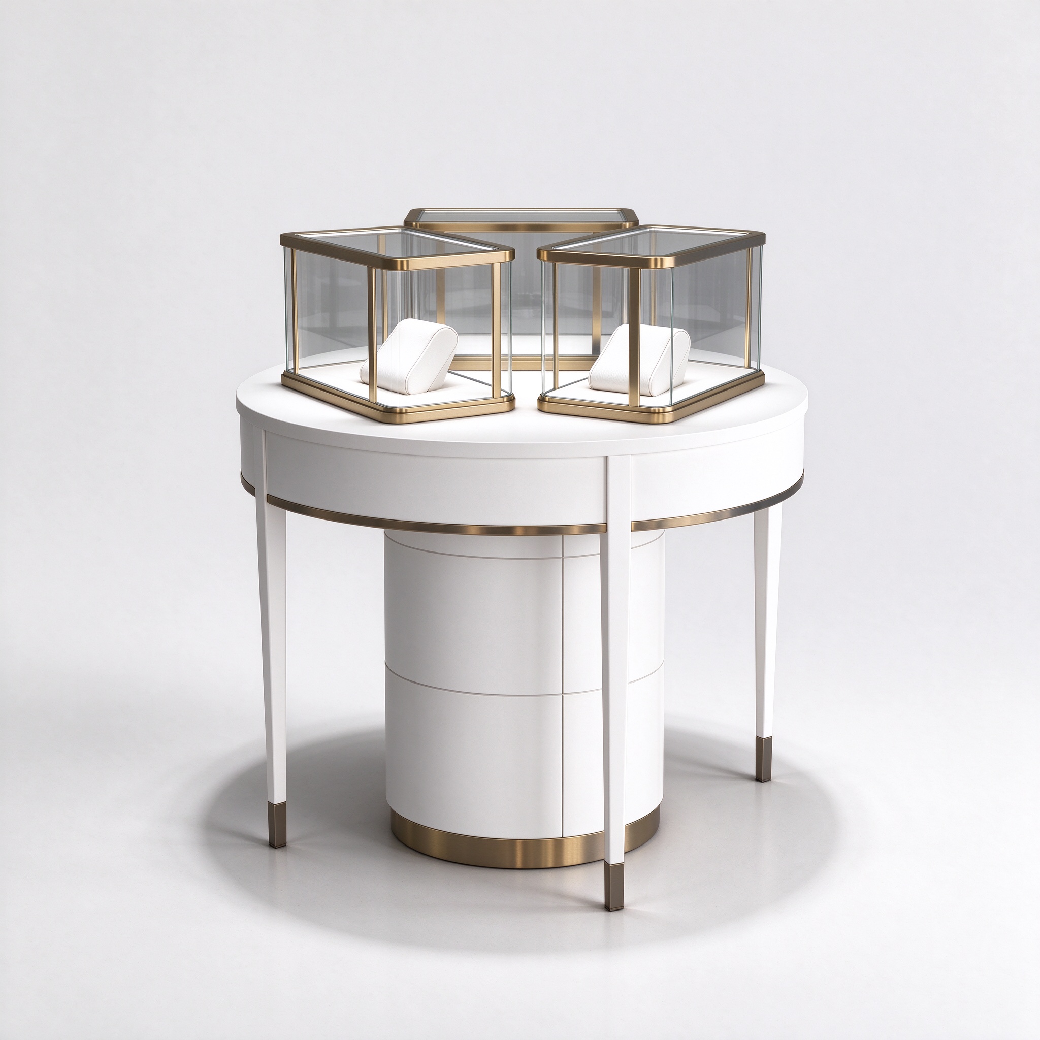 Round white watch display table with gold trim glass cases, right 45 degree view