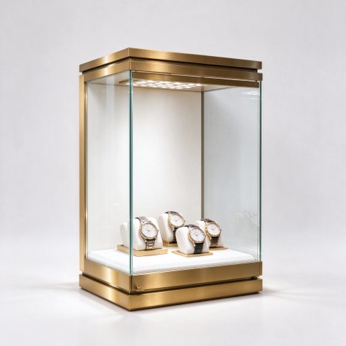 Brushed gold four-sided glass watch display tower with recessed LED spotlights, left 45 degree view