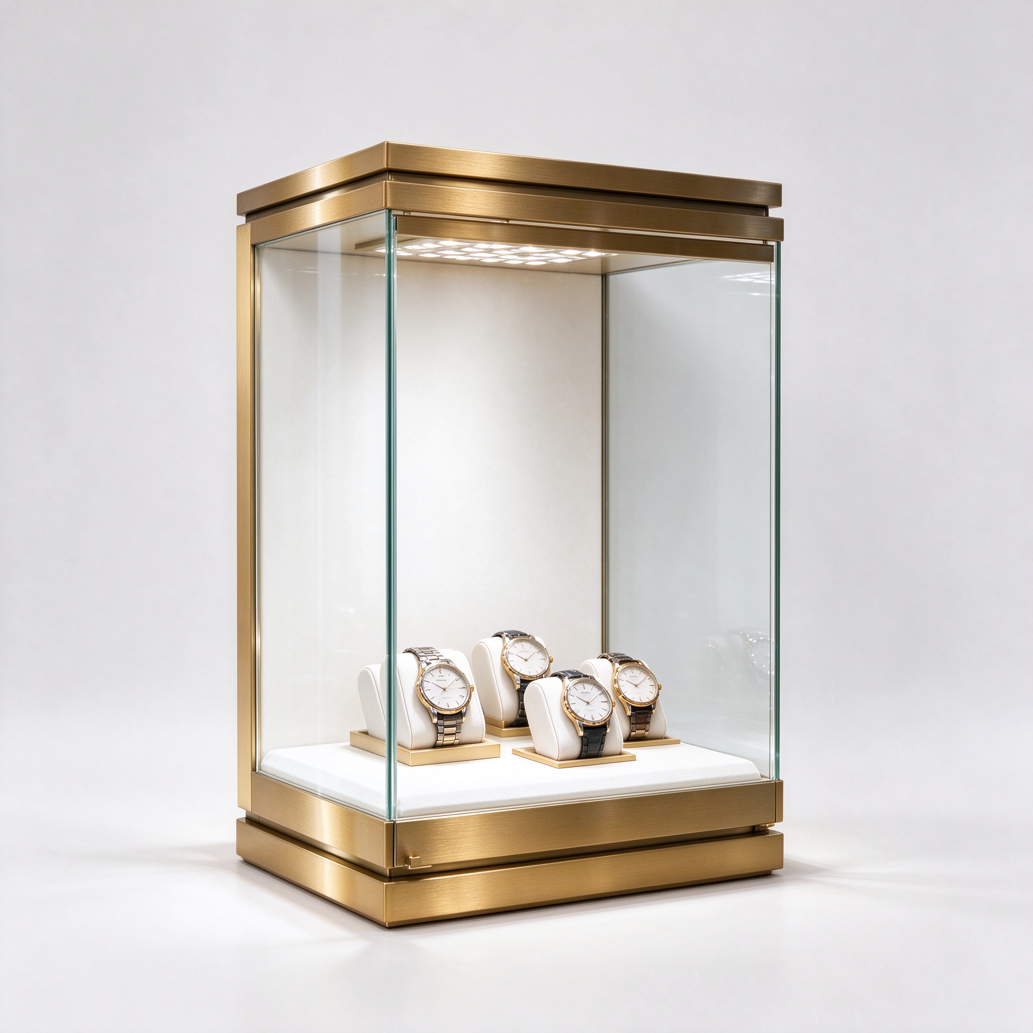 Brushed gold four-sided glass watch display tower with recessed LED spotlights, left 45 degree view