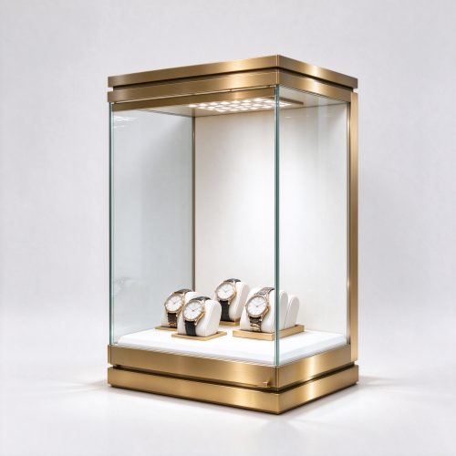Brushed gold four-sided glass watch display tower, right 45 degree view