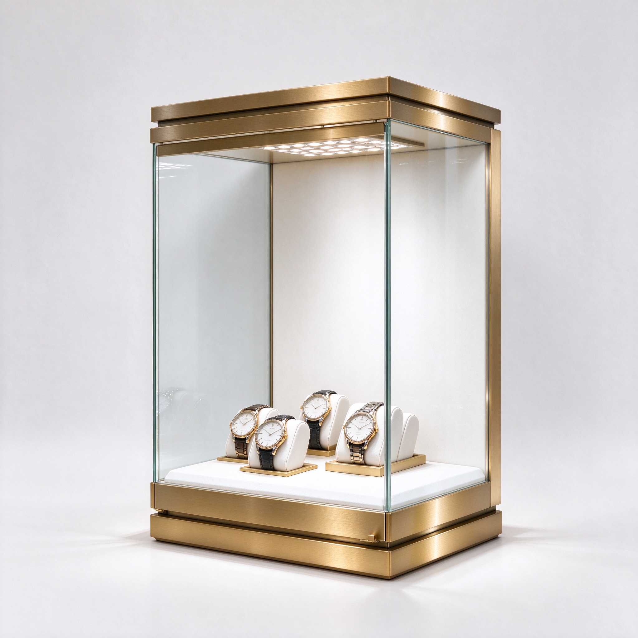 Brushed gold four-sided glass watch display tower, right 45 degree view