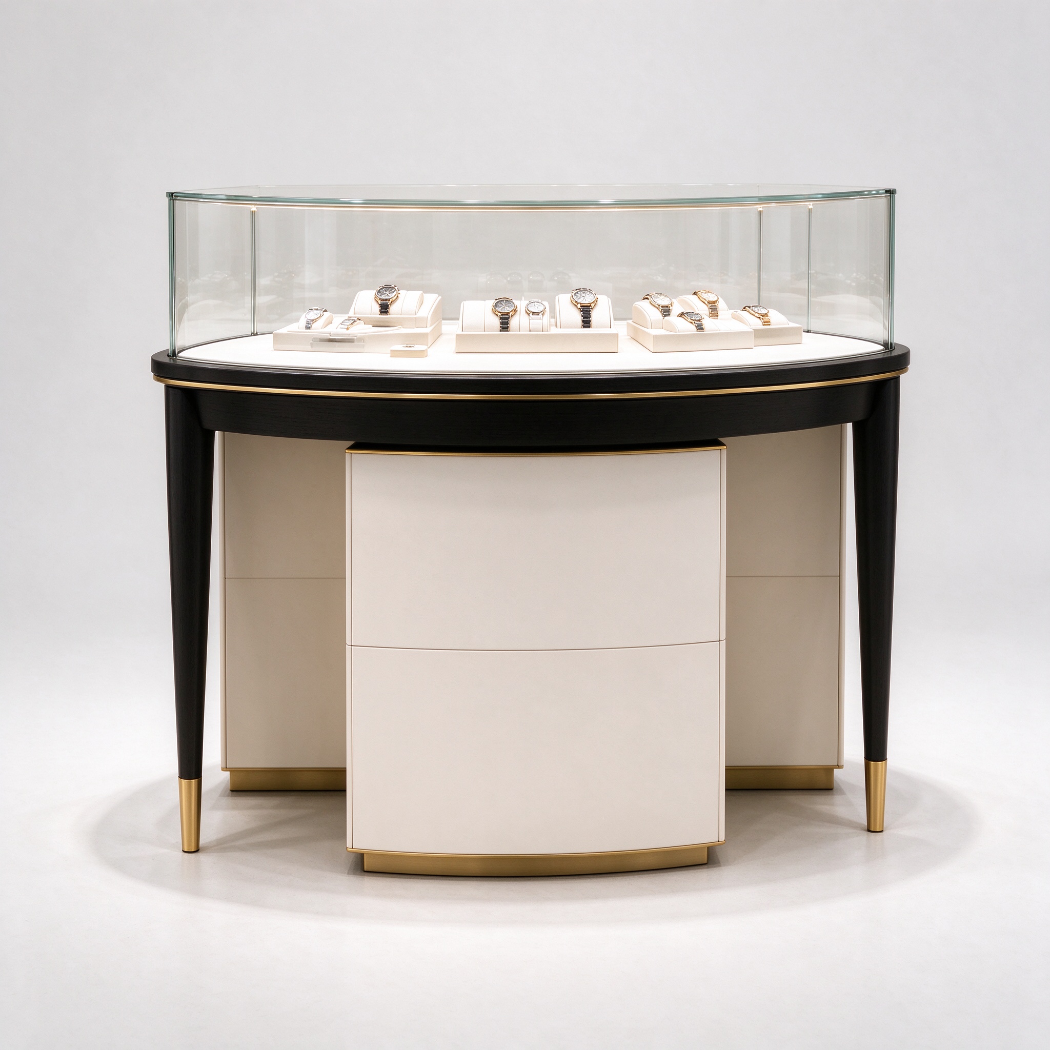 Curved cream ivory watch display table, left 45 degree view