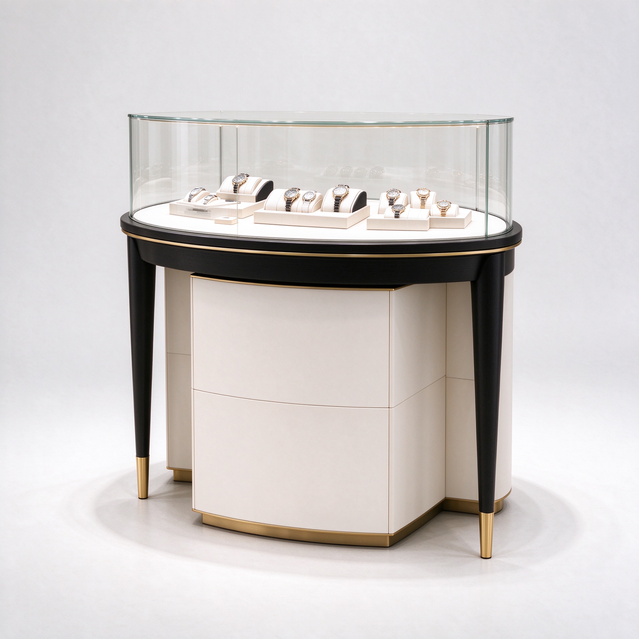Curved cream ivory watch display table, right 45 degree view