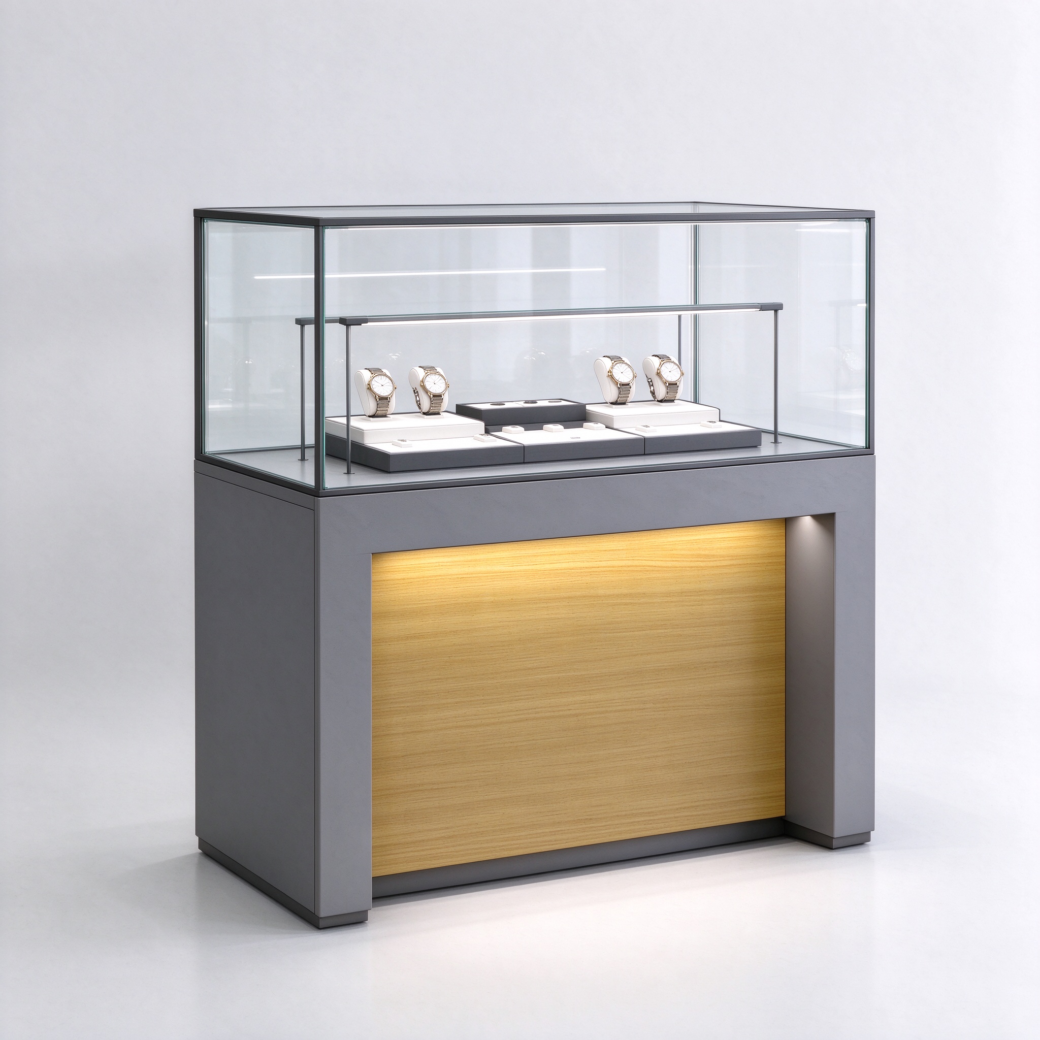 Gray watch display counter, right 45 degree view