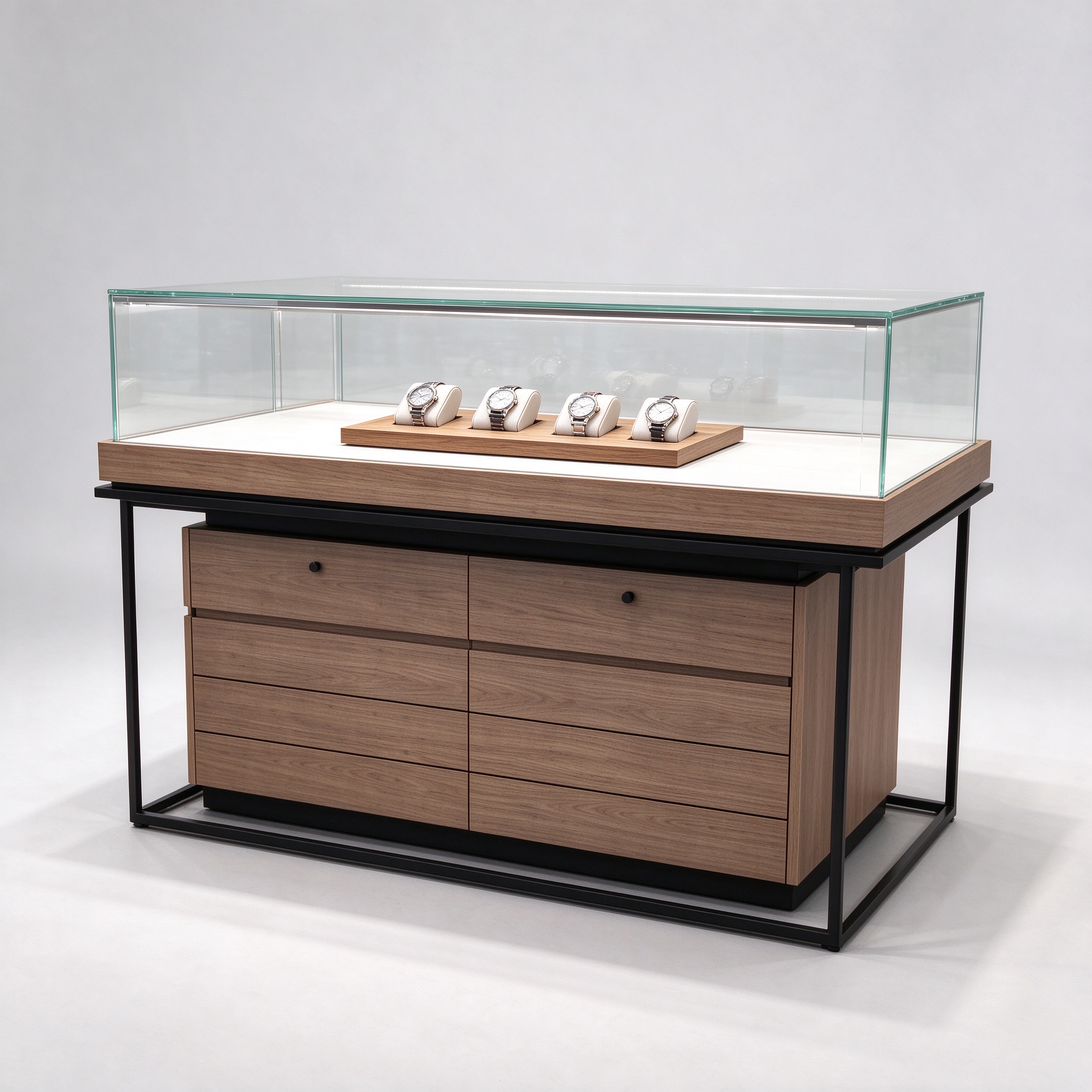 Black metal frame wood watch island table with glass top and drawer storage, left 45 degree view