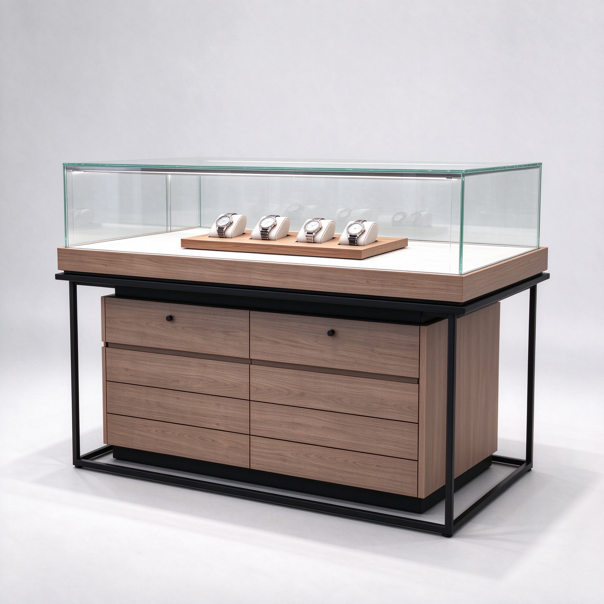 Black metal frame wood watch island table, right 45 degree view