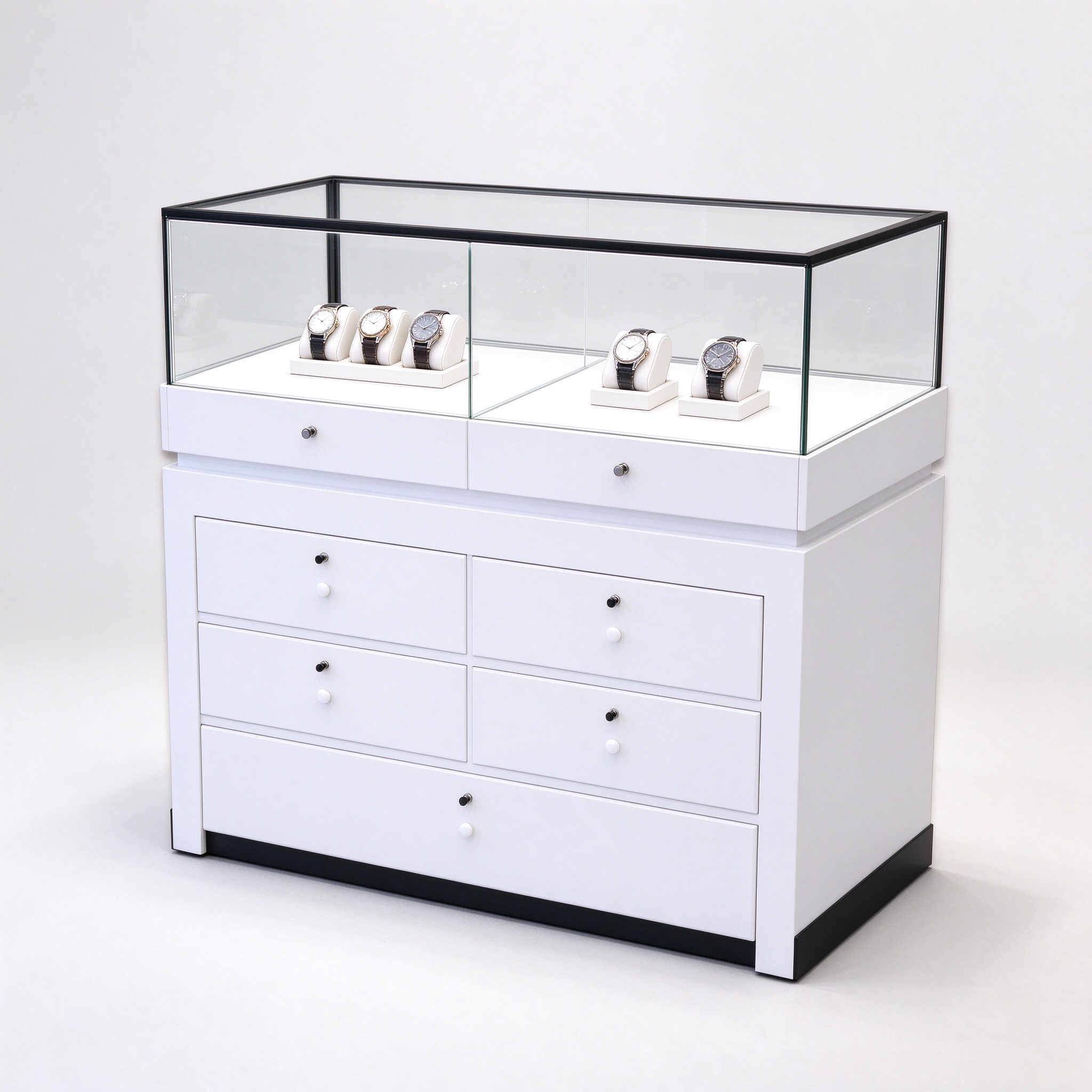 White watch display counter, right 45 degree view