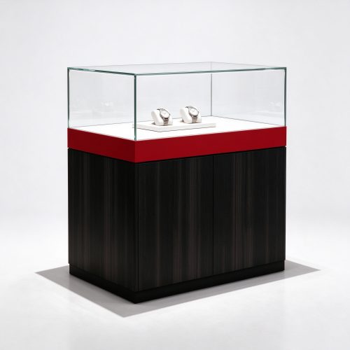 Black wood grain watch counter left 45, wider red band