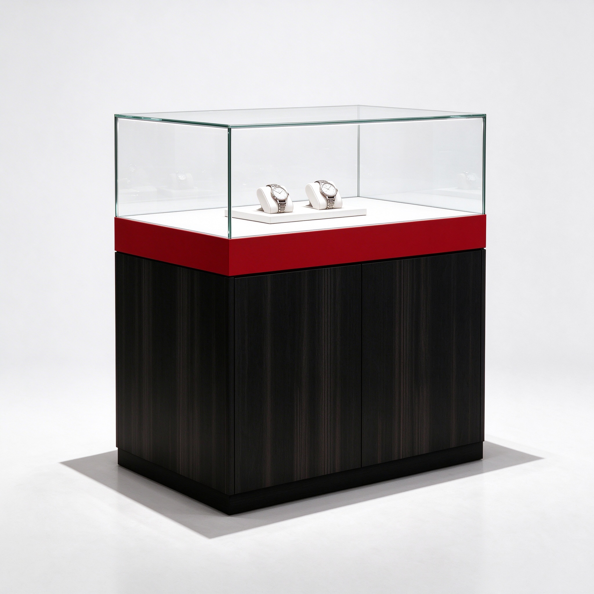 Black wood grain watch counter left 45, wider red band