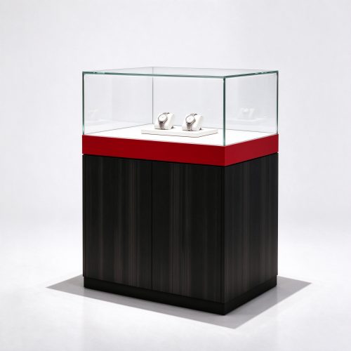 Black wood grain watch counter right 45, wider red band