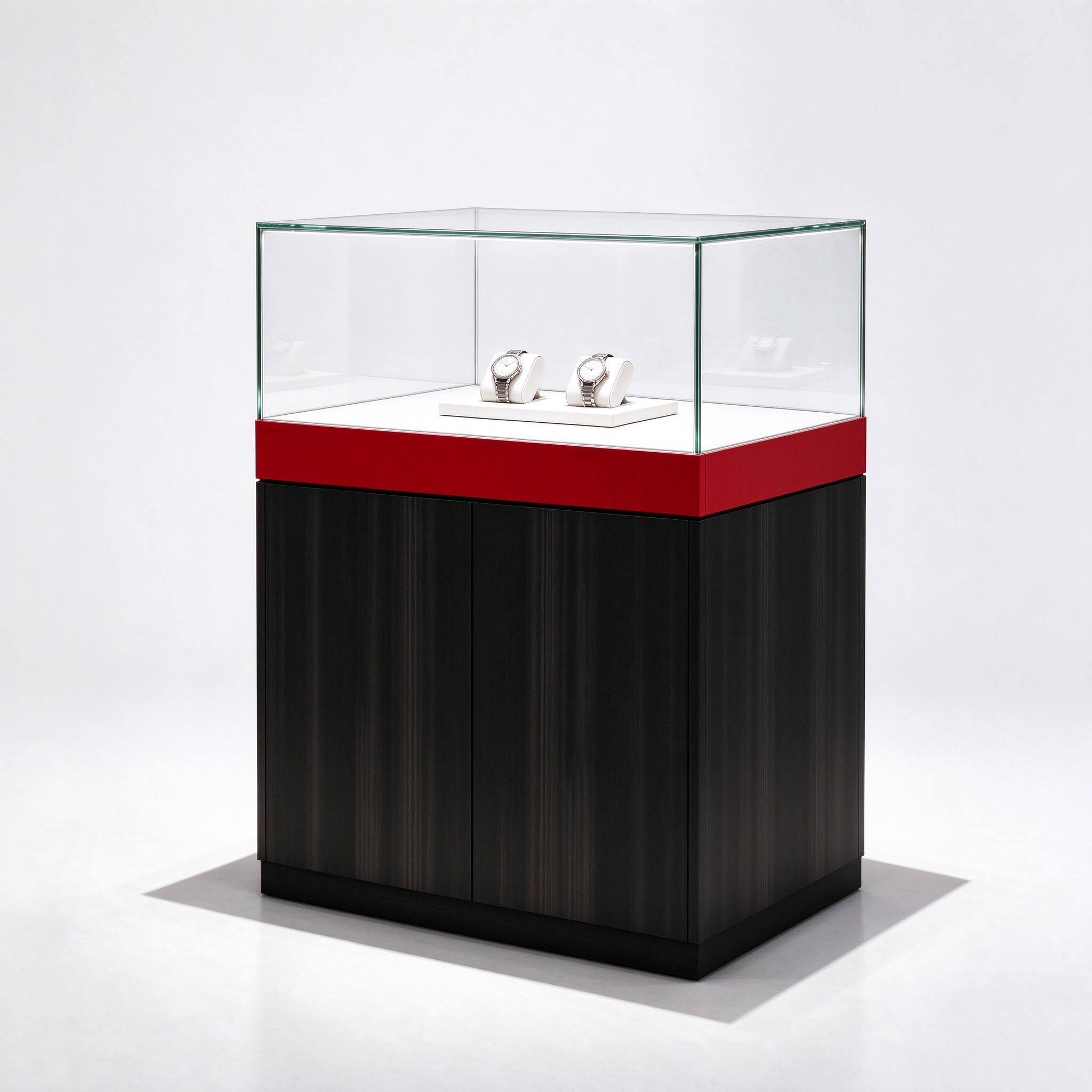 Black wood grain watch counter right 45, wider red band