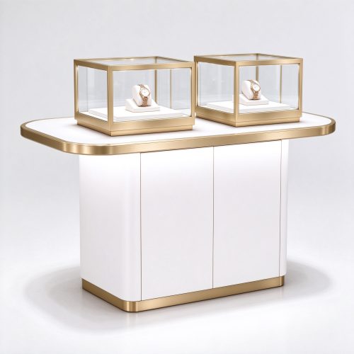 White gold watch island left 45 view, twin rectangular gold glass boxes