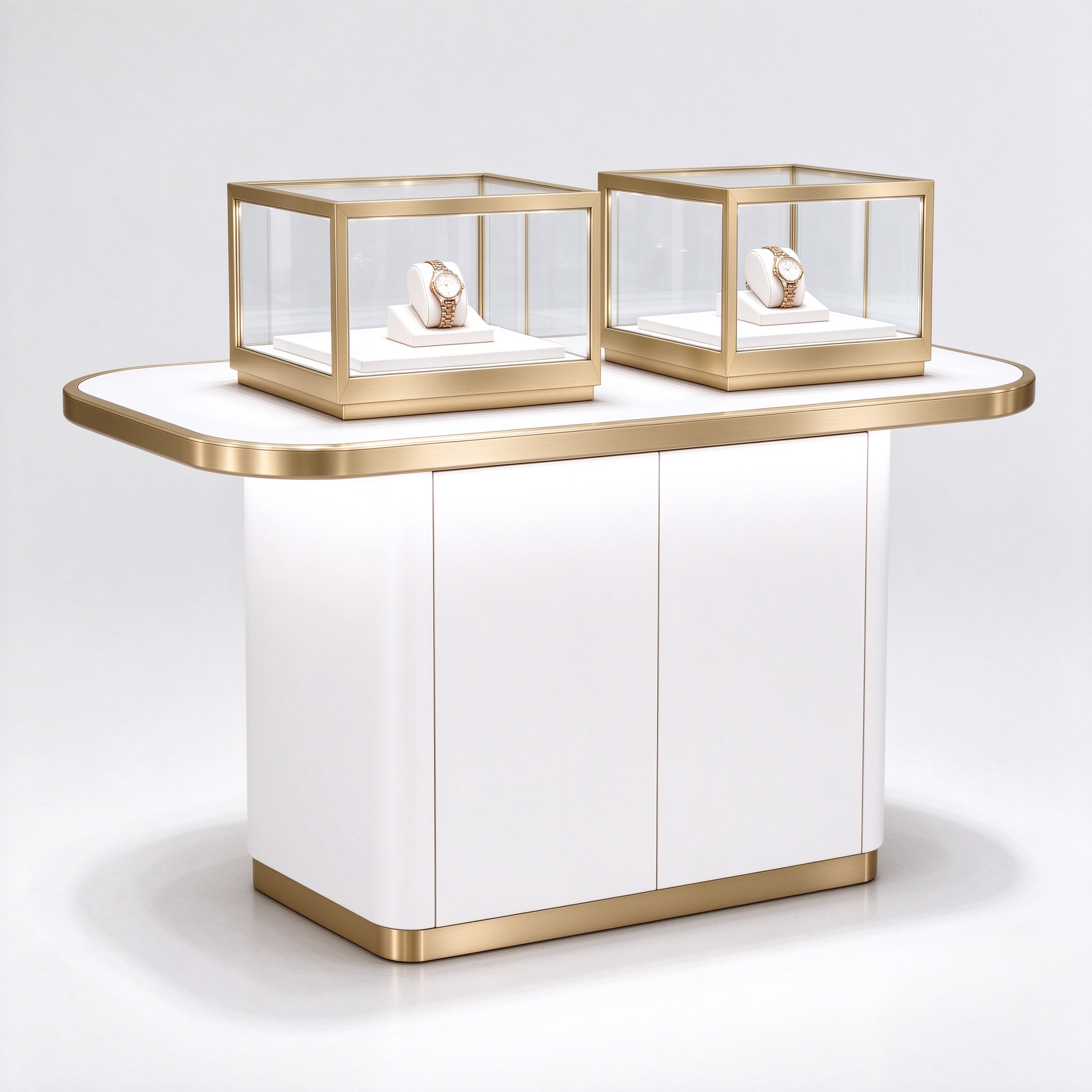 White gold watch island left 45 view, twin rectangular gold glass boxes