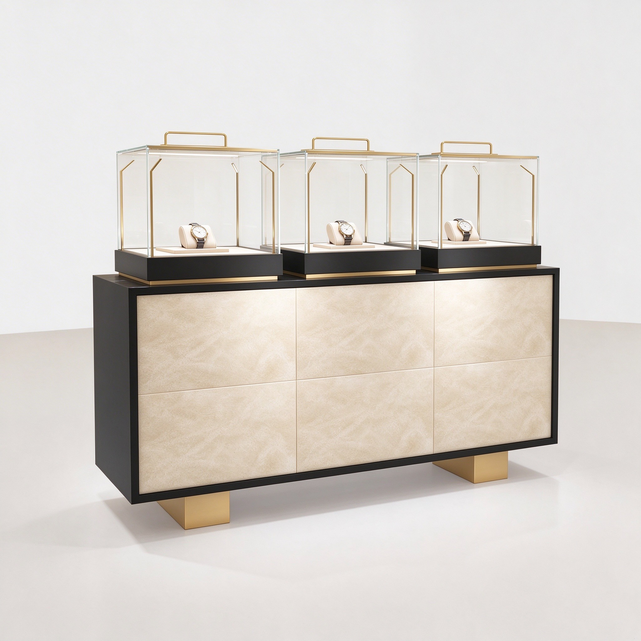 Black cream watch counter left 45 view with three gold-handled cases