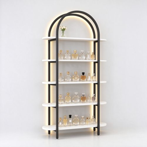 Black arch metal frame perfume display rack left 45 degree angle view