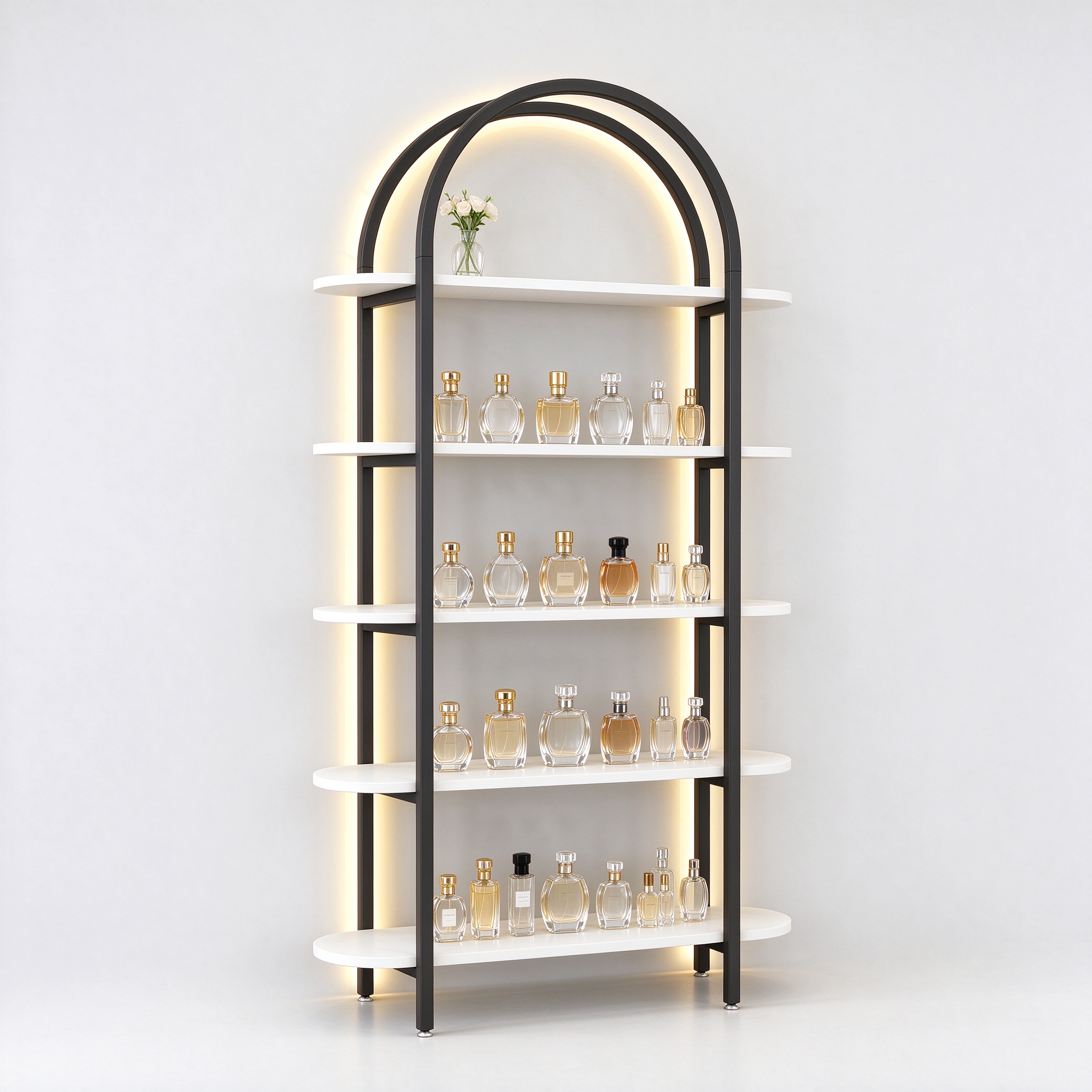 Black arch metal frame perfume display rack left 45 degree angle view