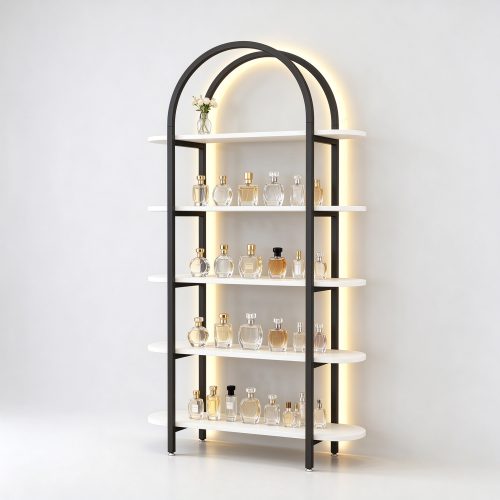 Black arch metal frame perfume display rack right 45 degree angle view