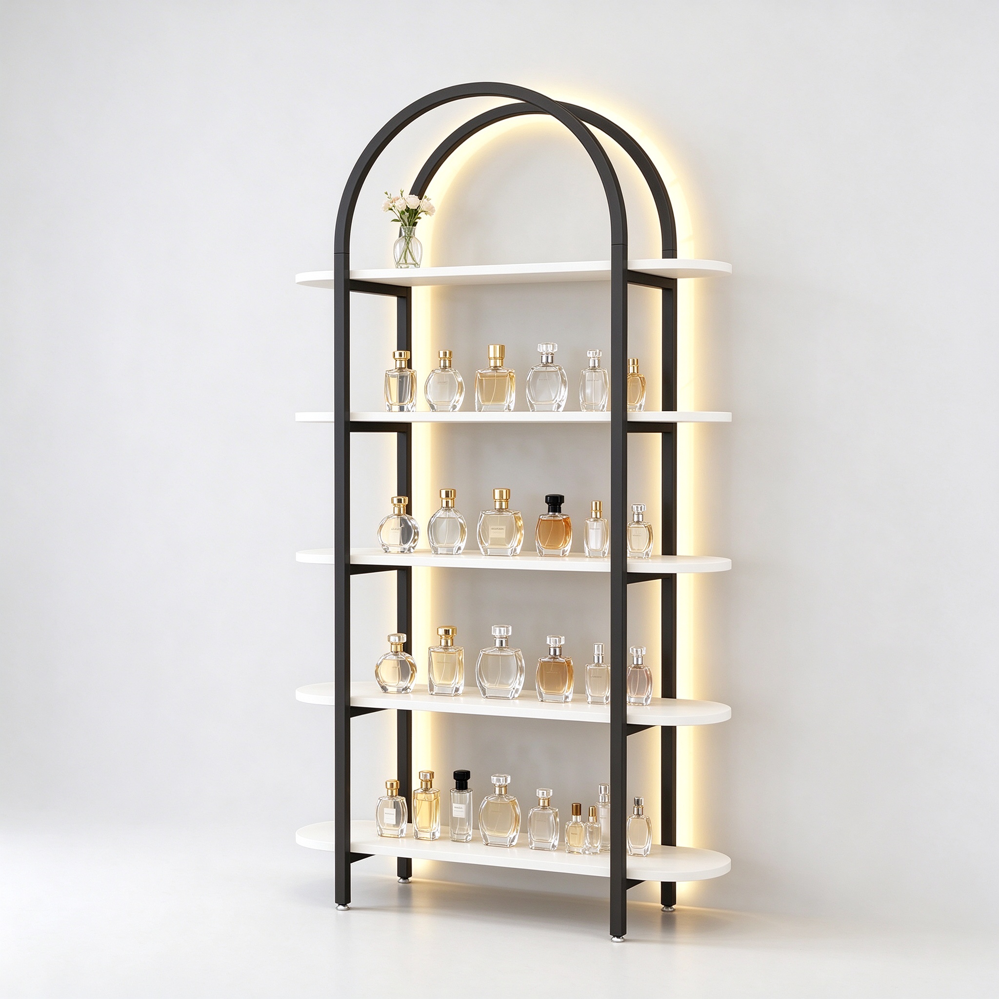 Black arch metal frame perfume display rack right 45 degree angle view