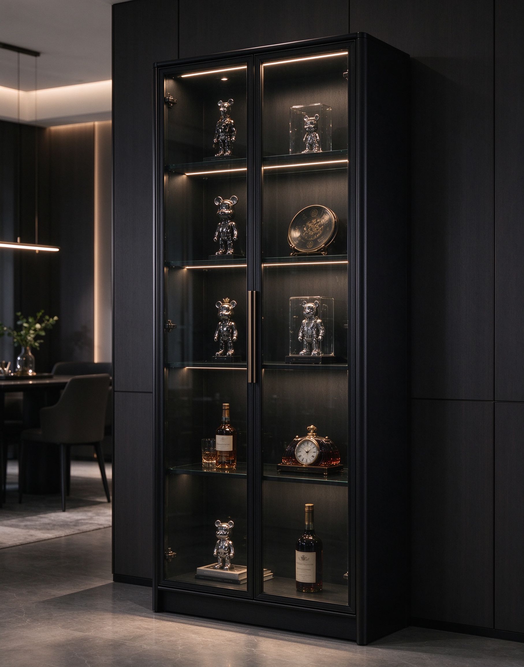 black glass cabinet LED interior