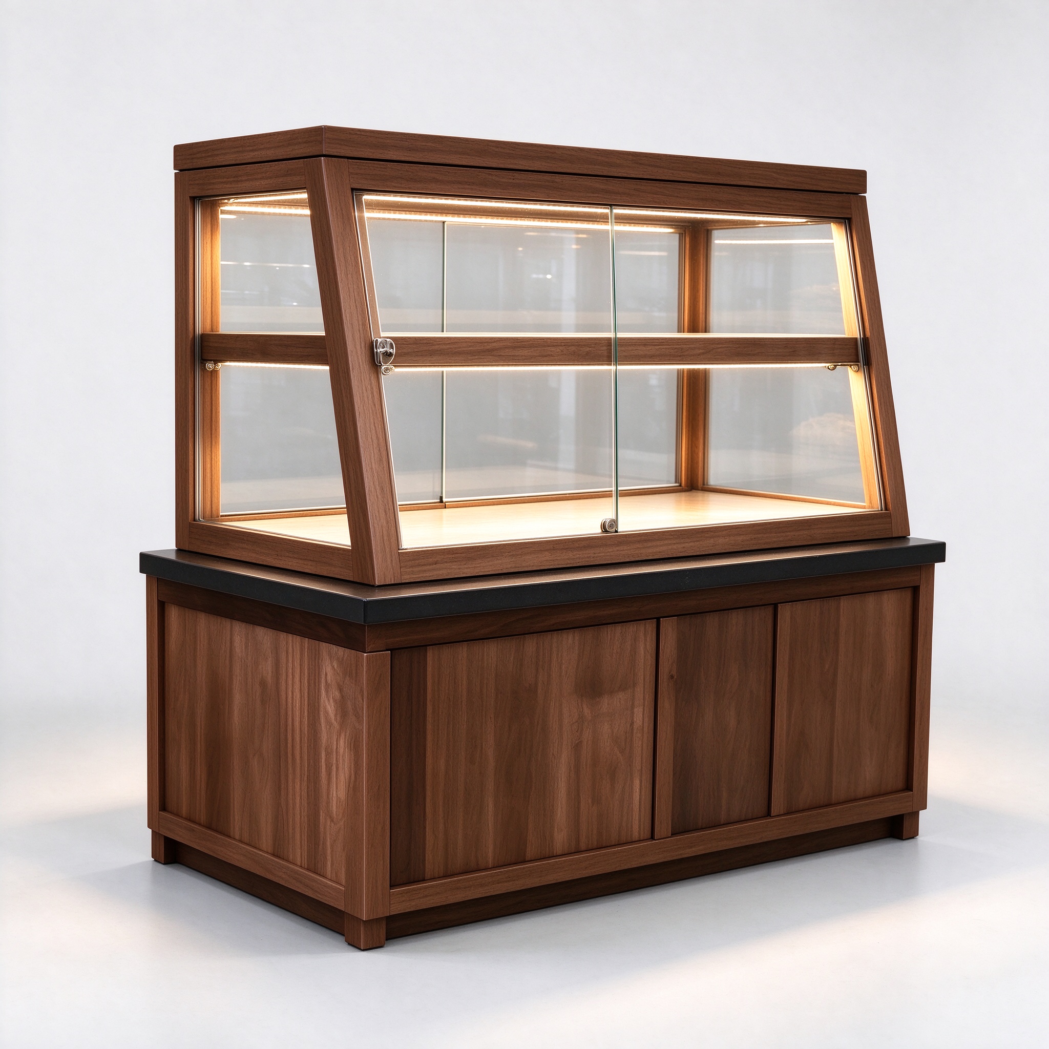 Walnut slant-top bakery showcase left 45, flat wooden cap