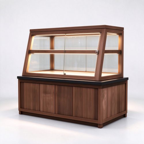 Walnut slant-top bakery showcase right 45, flat wooden cap