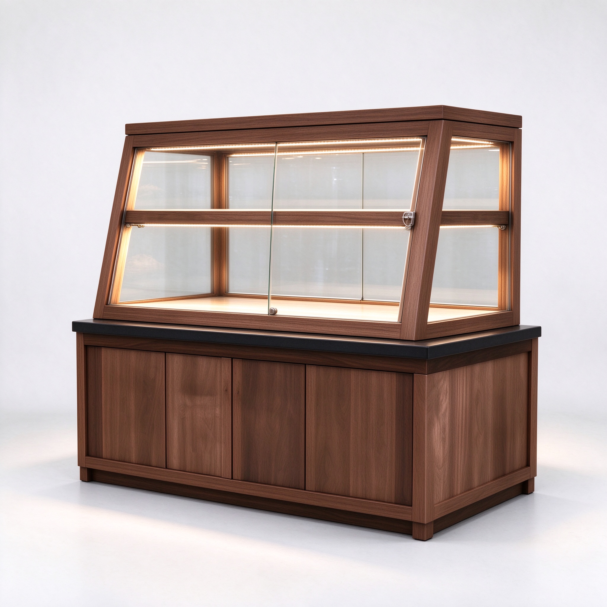 Walnut slant-top bakery showcase right 45, flat wooden cap