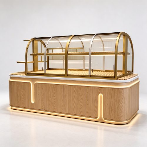 Curved glass top bakery display case left 45 degree view