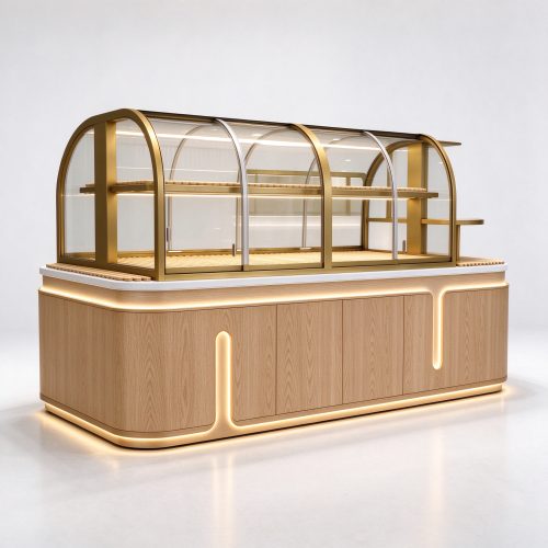 Curved glass top bakery display case right 45 degree view