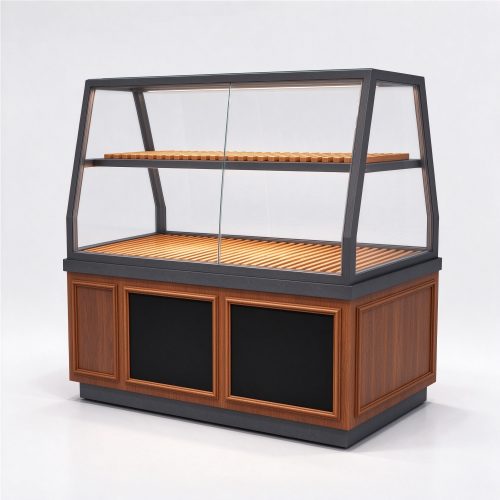 Wooden bakery glass showcase right 45 degree view