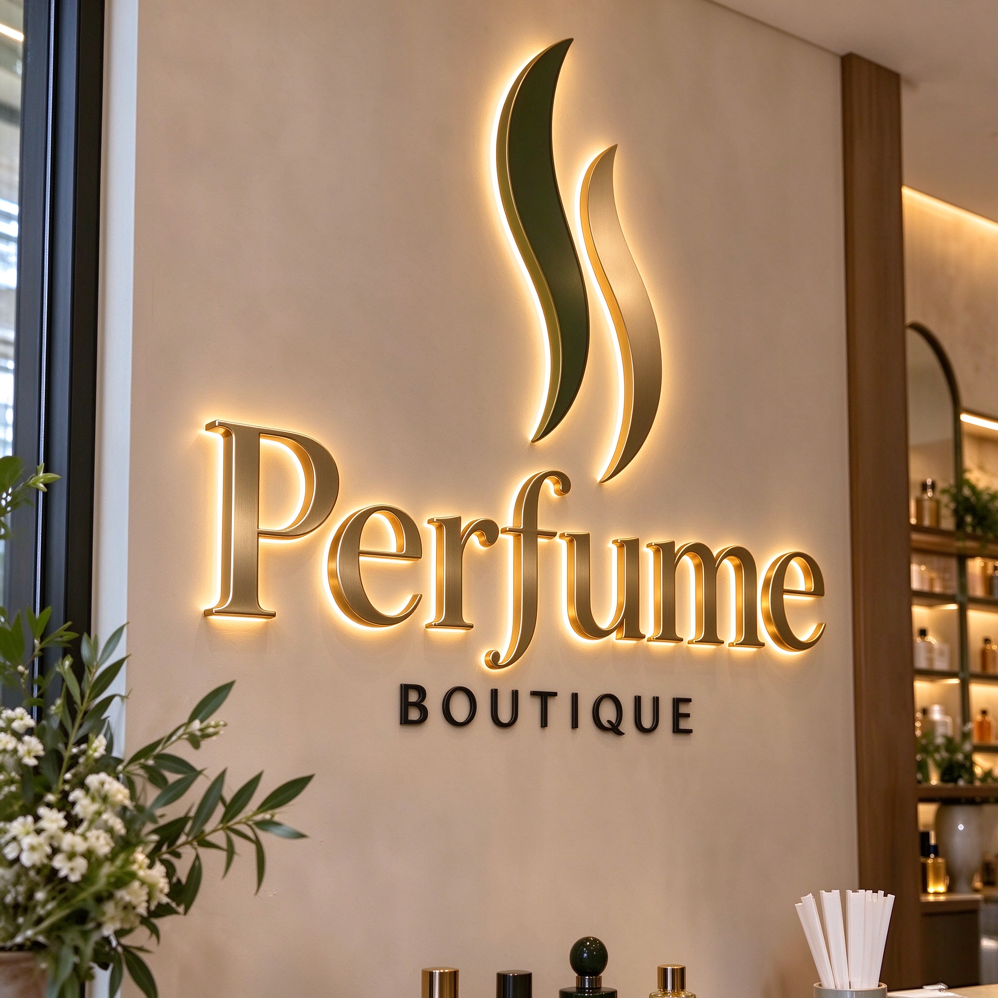 Interior gold 3D backlit wall sign with Perfume text and wave logo, left 45 degree view
