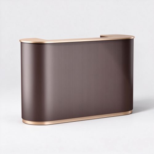 Dark brown curved boutique reception counter left 45 degree view