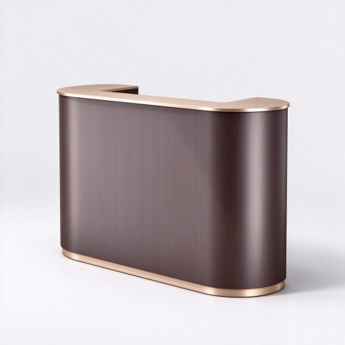 Dark brown curved boutique reception counter right 45 degree angle view