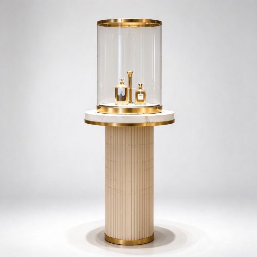 Round marble perfume display case with glass cloche left 45 degree view