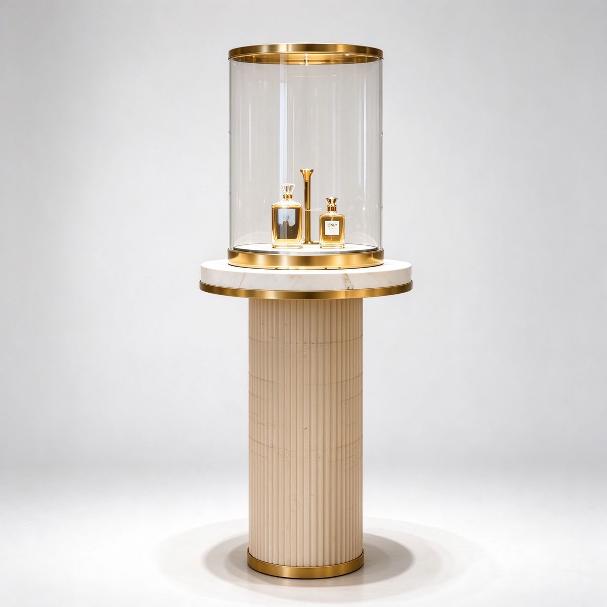 Round marble perfume display case with glass cloche left 45 degree view