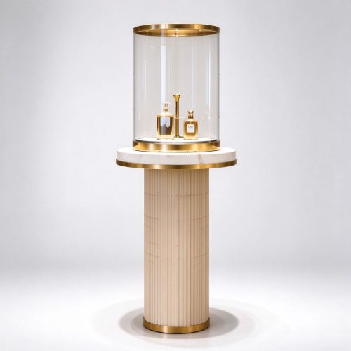 Glass cylinder perfume showcase right 45 angle with fluted column base