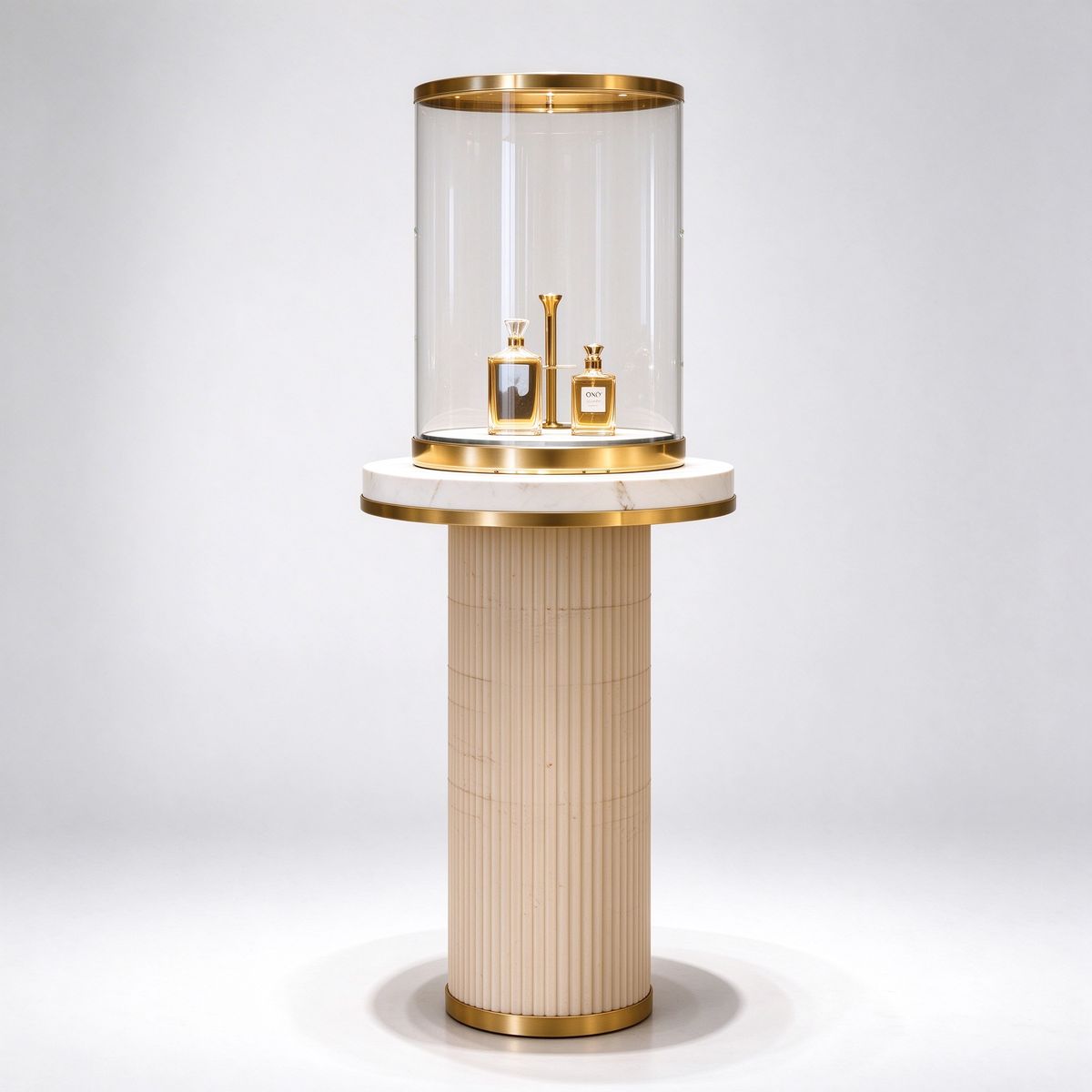 Glass cylinder perfume showcase right 45 angle with fluted column base