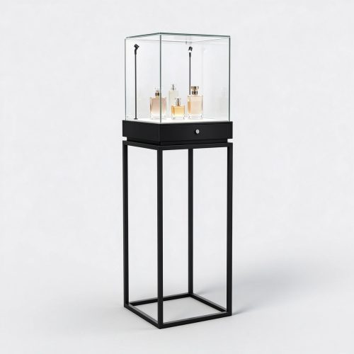All black metal glass pedestal perfume display case left 45 degree view