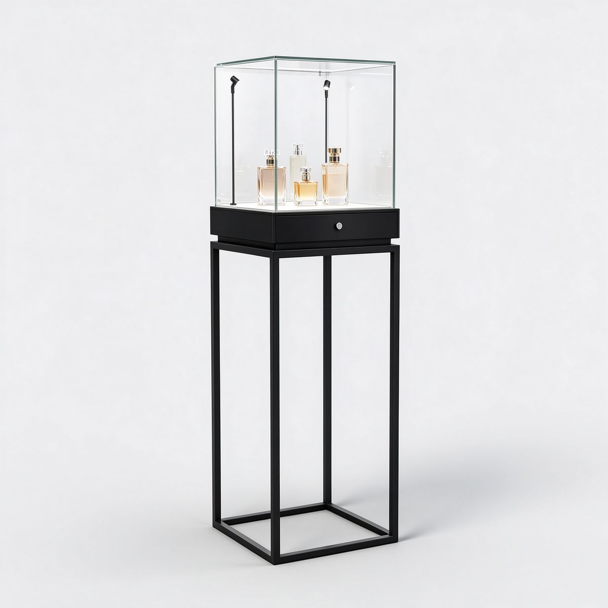 All black metal glass pedestal perfume display case left 45 degree view
